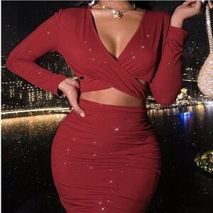Shein XL Long Sleeve Dark Red Bodycon Glitter Dress NWOT New Without Tags
